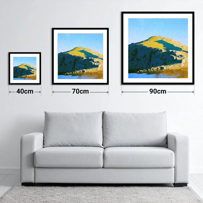 Sunlit Crags on Sergeant Man - size guide showing 40cm, 70cm and 90cm art prints