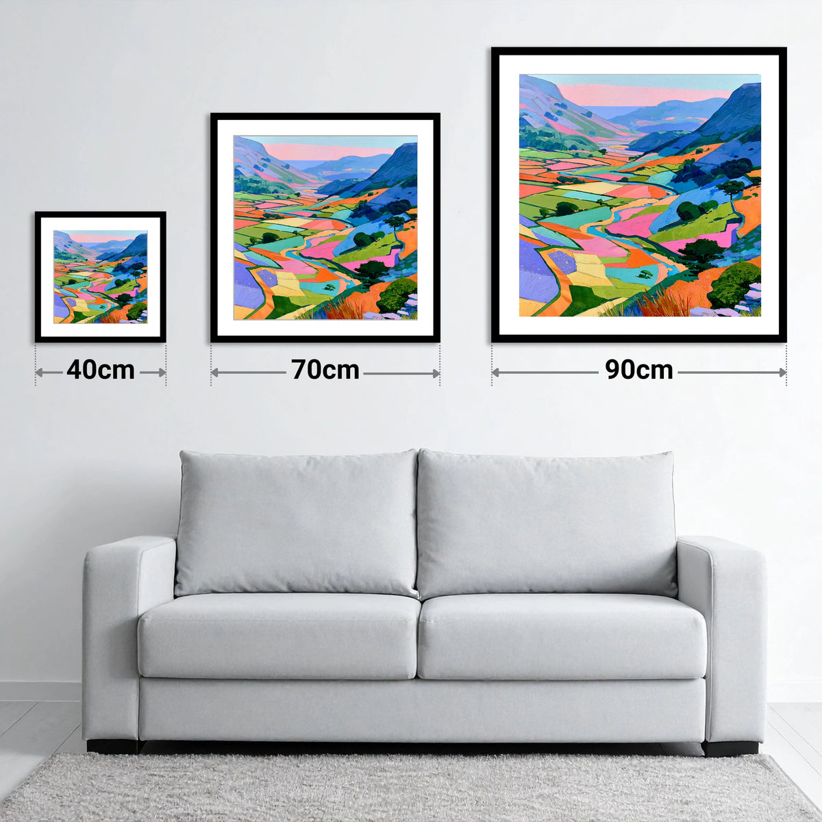 Vibrant Patchwork Fields and Fells - size guide showing 40cm, 70cm and 90cm art prints
