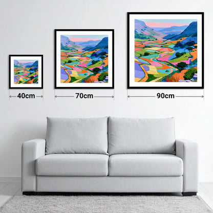 Vibrant Patchwork Fields and Fells - size guide showing 40cm, 70cm and 90cm art prints