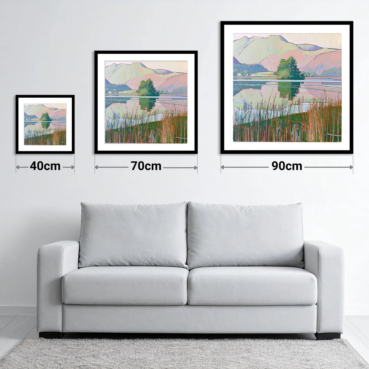 Grasmere Island Through Tall Reeds - size guide showing 40cm, 70cm and 90cm art prints
