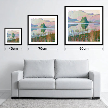 Grasmere Island Through Tall Reeds - size guide showing 40cm, 70cm and 90cm art prints