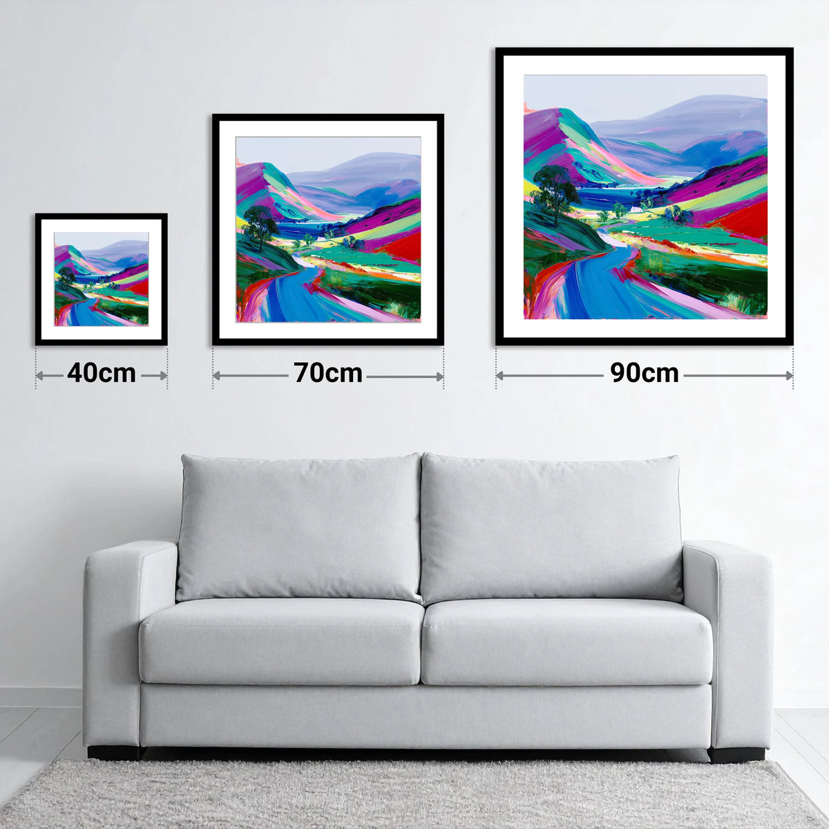 Vibrant Rolling Fells and Valley - size guide showing 40cm, 70cm and 90cm art prints