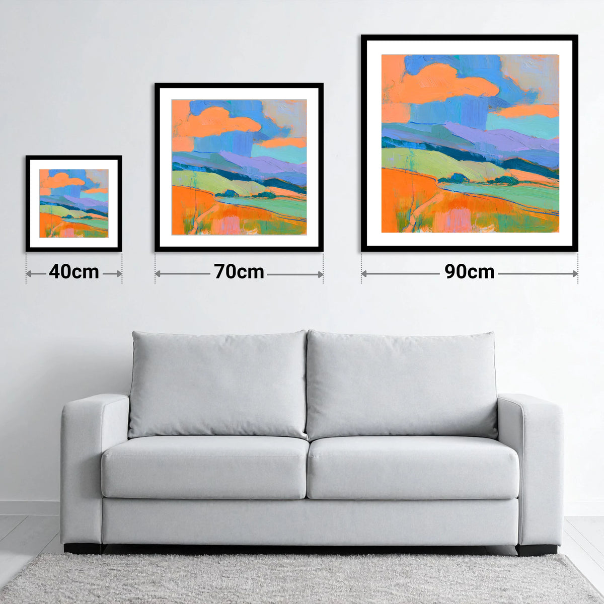 Storm Clouds Over Colourful Fells - size guide showing 40cm, 70cm and 90cm art prints
