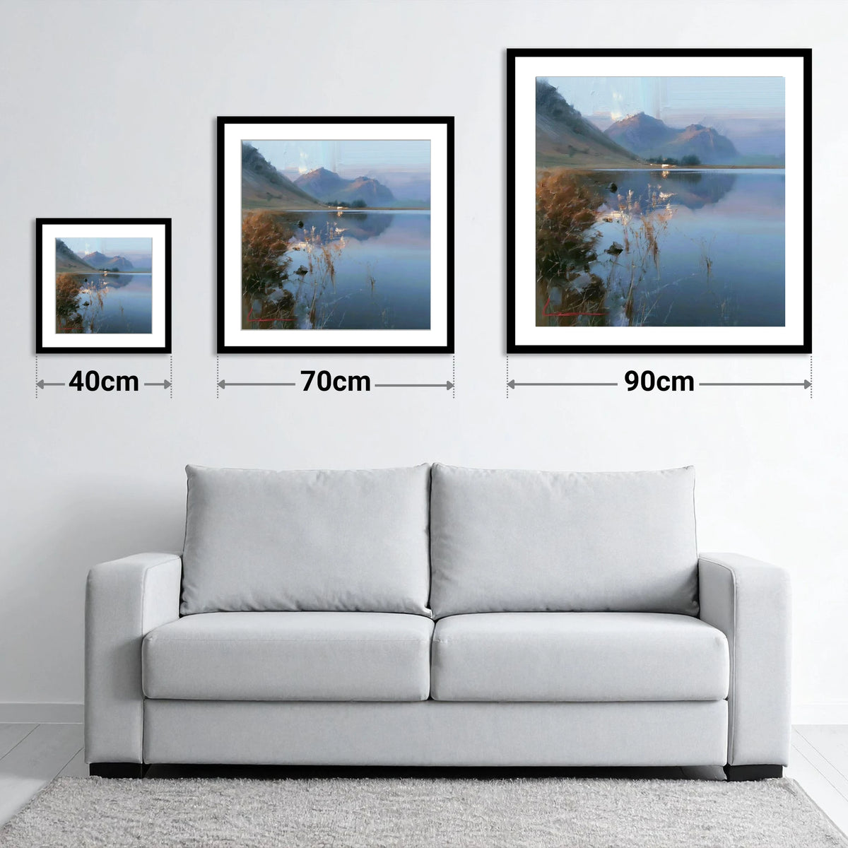 Still Reflections at Loweswater - size guide showing 40cm, 70cm and 90cm art prints