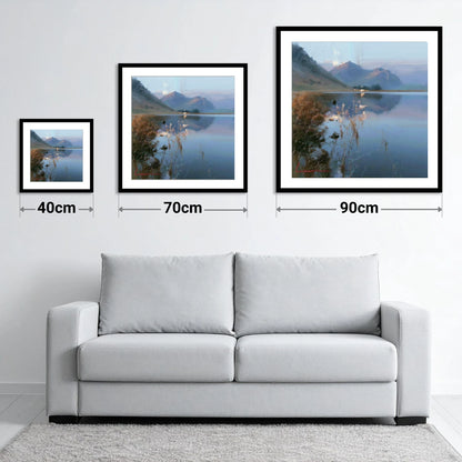 Still Reflections at Loweswater - size guide showing 40cm, 70cm and 90cm art prints