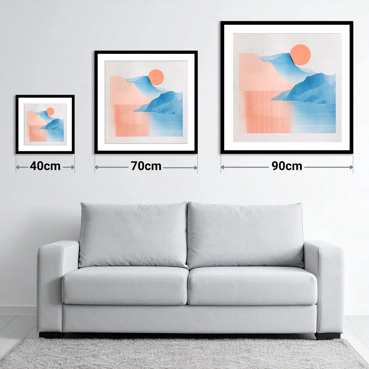 Geometric Derwentwater Sunrise - size guide showing 40cm, 70cm and 90cm art prints