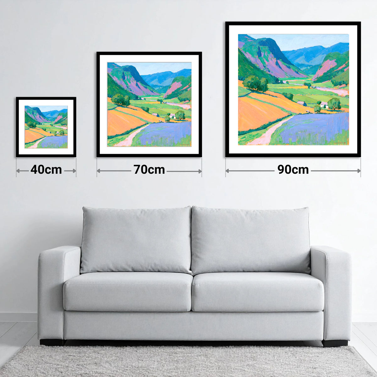 Colourful Fells And Valley Farm - size guide showing 40cm, 70cm and 90cm art prints