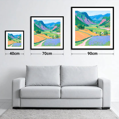 Colourful Fells And Valley Farm - size guide showing 40cm, 70cm and 90cm art prints