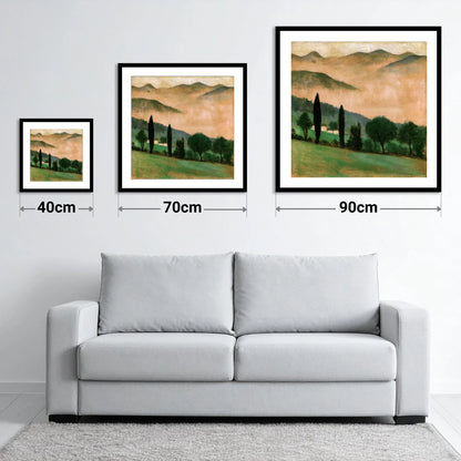 Terracotta Dawn over Misty Valley - size guide showing 40cm, 70cm and 90cm art prints