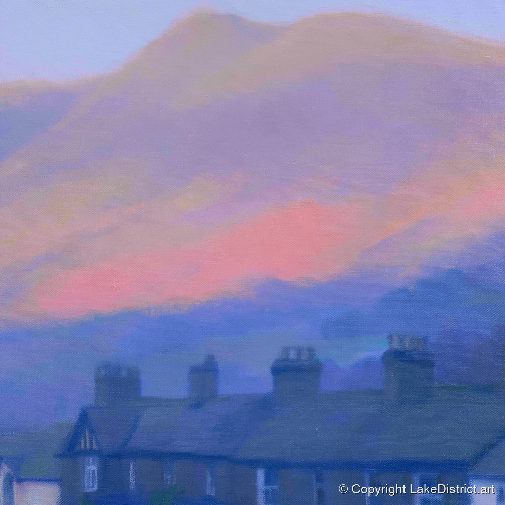 Skiddaw and Keswick Pastel Twilight - lake district village art print and canvas by Theodore Vance A.I
