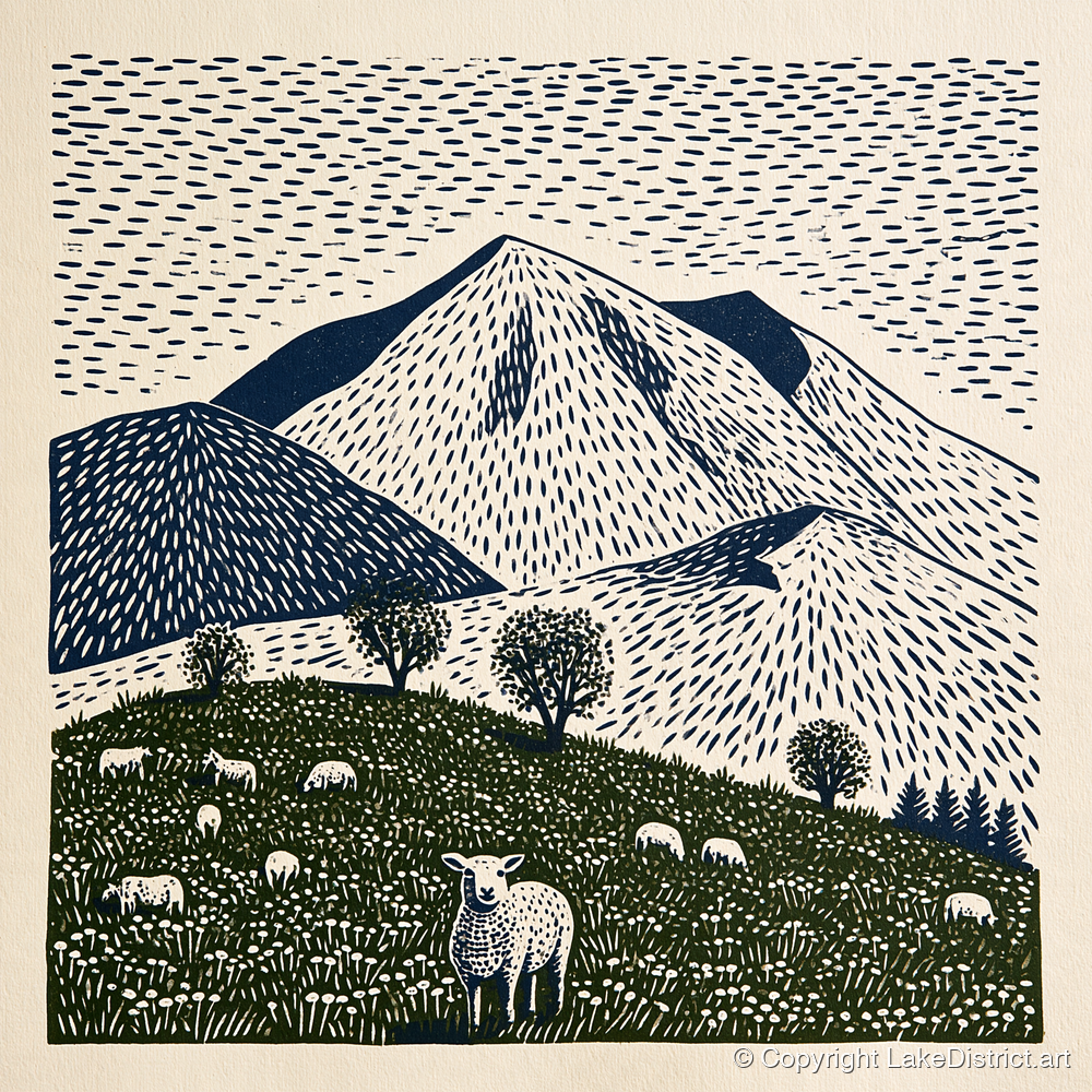 Skiddaw with Grazing Flock - lake district fell art print and canvas by Reuben Shaw A.I