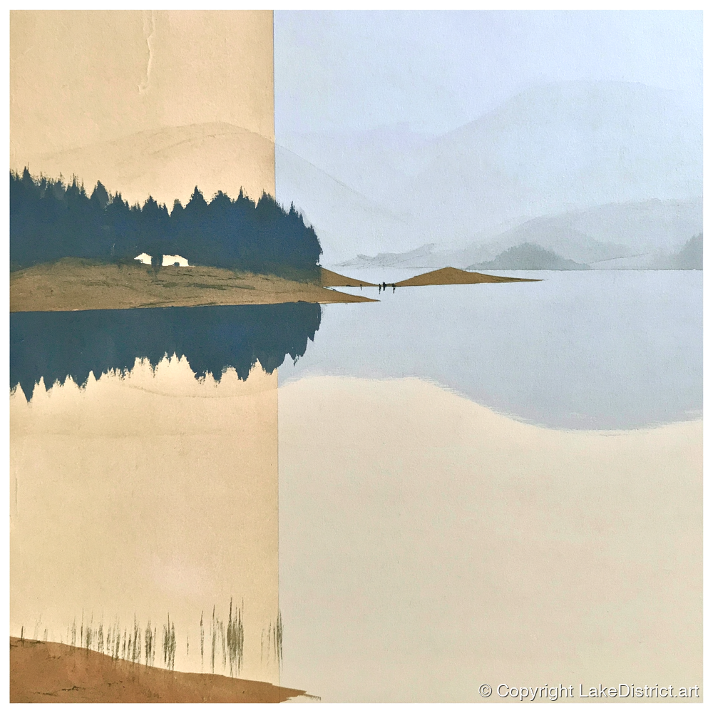 Slate Blue Lake Dawn Reflection - lake district lake art print and canvas by Phillip Marbury A.I