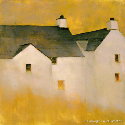 Slate Cottages In Golden Light - lake district village art print and canvas by Vincent Delaney A.I