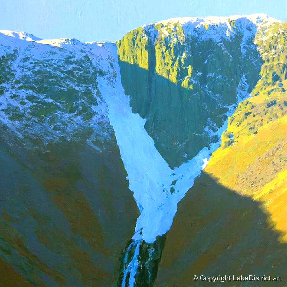 Snowy Crags of Nethermost Pike - lake district fell art print and canvas by Daphne Morley A.I
