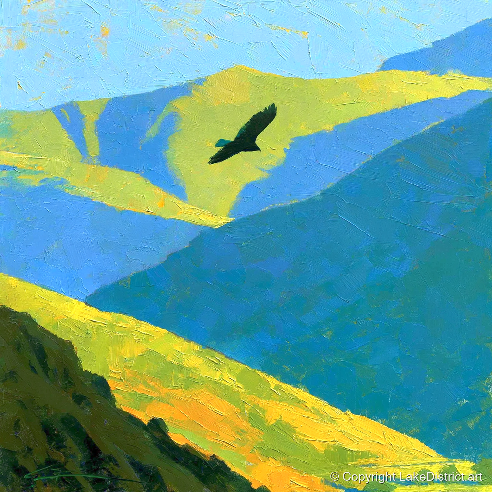 Soaring Bird of Prey Over Sunlit Fells - lake district wildlife art print and canvas by Daphne Morley A.I