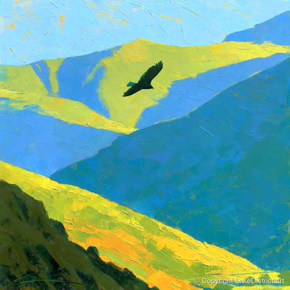 Soaring Bird of Prey Over Sunlit Fells - lake district wildlife art print and canvas by Daphne Morley A.I