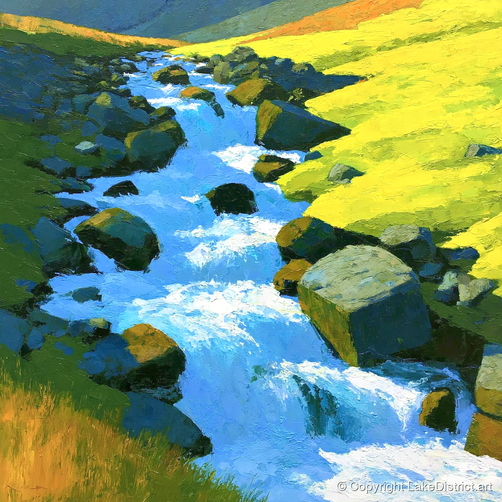 Sparkling Mountain Beck in High Summer - lake district waterfall art print and canvas by Daphne Morley A.I