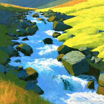 Sparkling Mountain Beck in High Summer - lake district waterfall art print and canvas by Daphne Morley A.I
