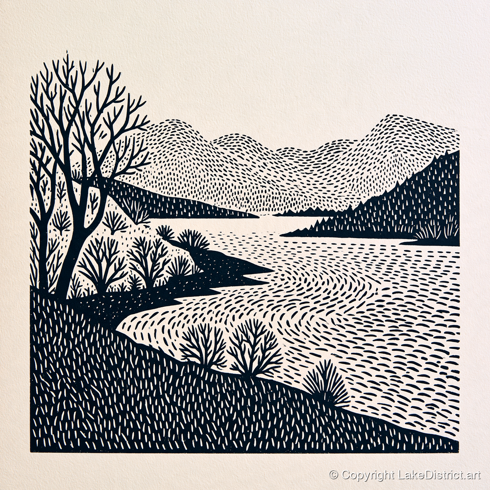 Stark Trees at Coniston Water - lake district lake art print and canvas by Reuben Shaw A.I