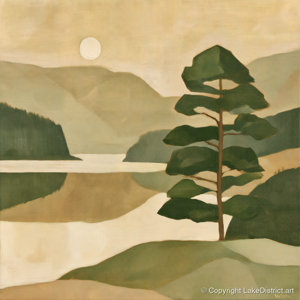 Still Lake and Pine at Dawn - lake district lake art print and canvas by Felix Atwood A.I