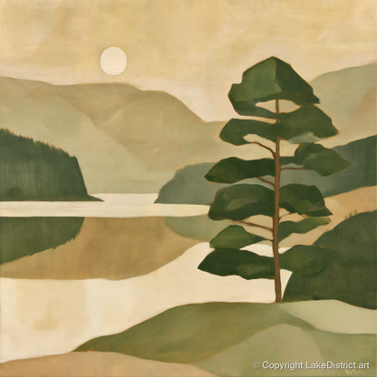 Still Lake and Pine at Dawn - lake district lake art print and canvas by Felix Atwood A.I
