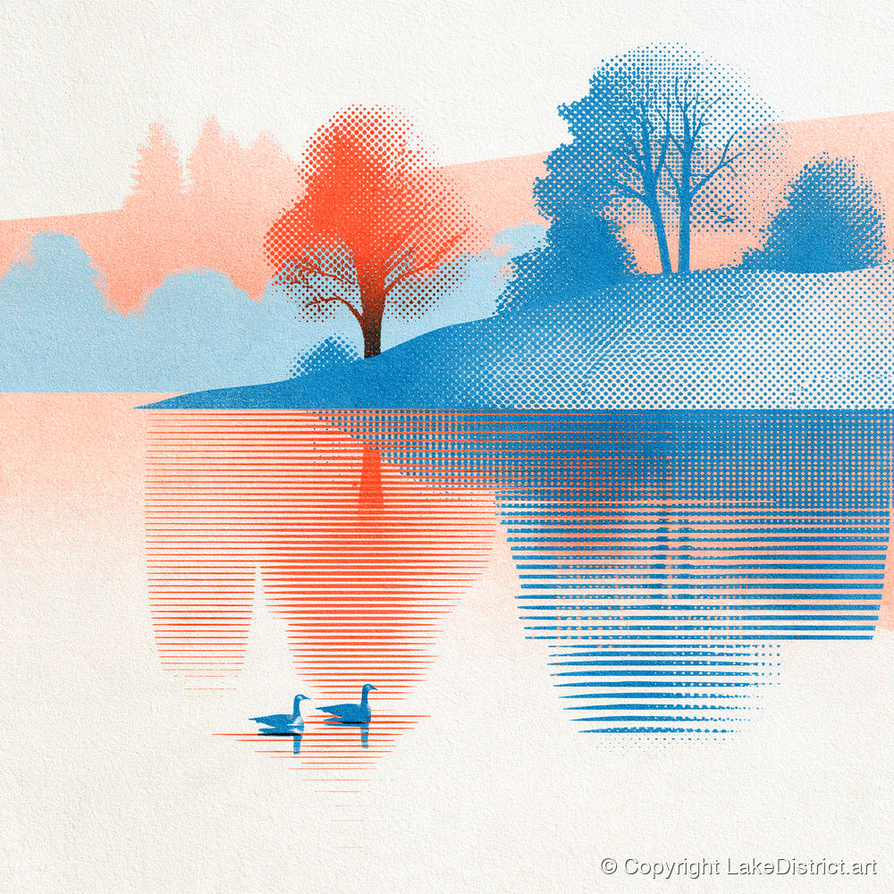 Still Lake at Coral Dawn - lake district lake art print and canvas by Elliot Reid A.I