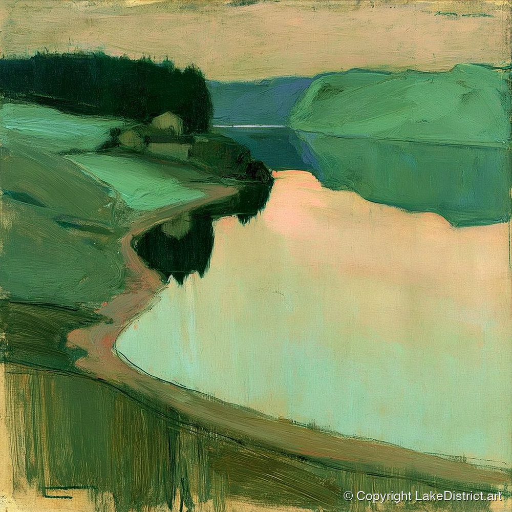 Still Lake at Peach Dawn - lake district lake art print and canvas by Franklin Holloway A.I