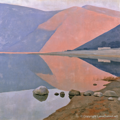 Still Lake beneath Dusk Pink Fells - lake district lake art print and canvas by Alistair Thorne A.I