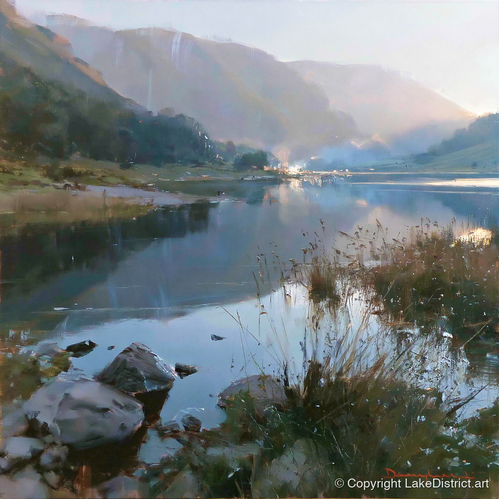 Still Lake Beneath Misty Fells - lake district lake art print and canvas by Marcus Dalton A.I