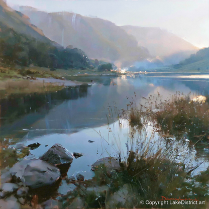 Still Lake Beneath Misty Fells - lake district lake art print and canvas by Marcus Dalton A.I