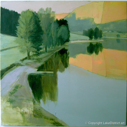 Still Lake in Apricot Dawn - lake district lake art print and canvas by Emerson Grey A.I