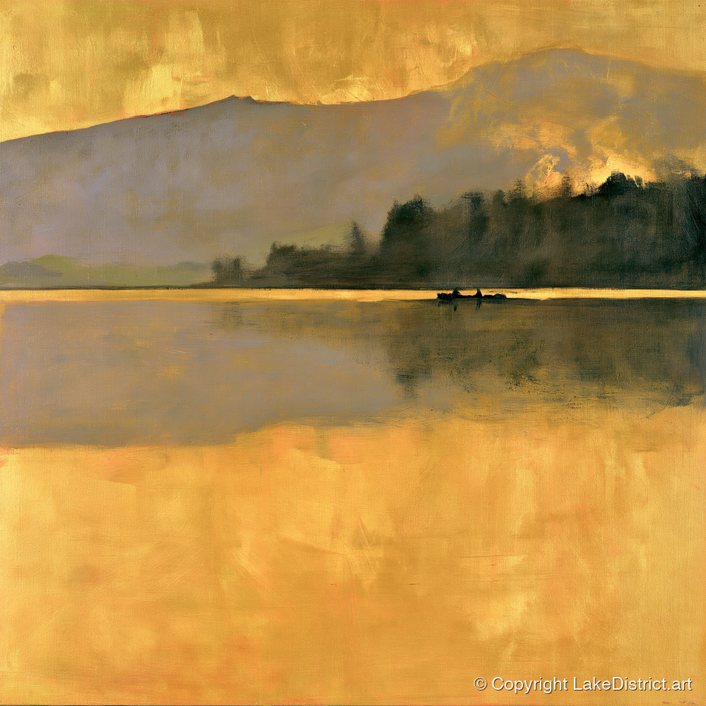 Still Lake in Golden Dawn - lake district lake art print and canvas by Vincent Delaney A.I