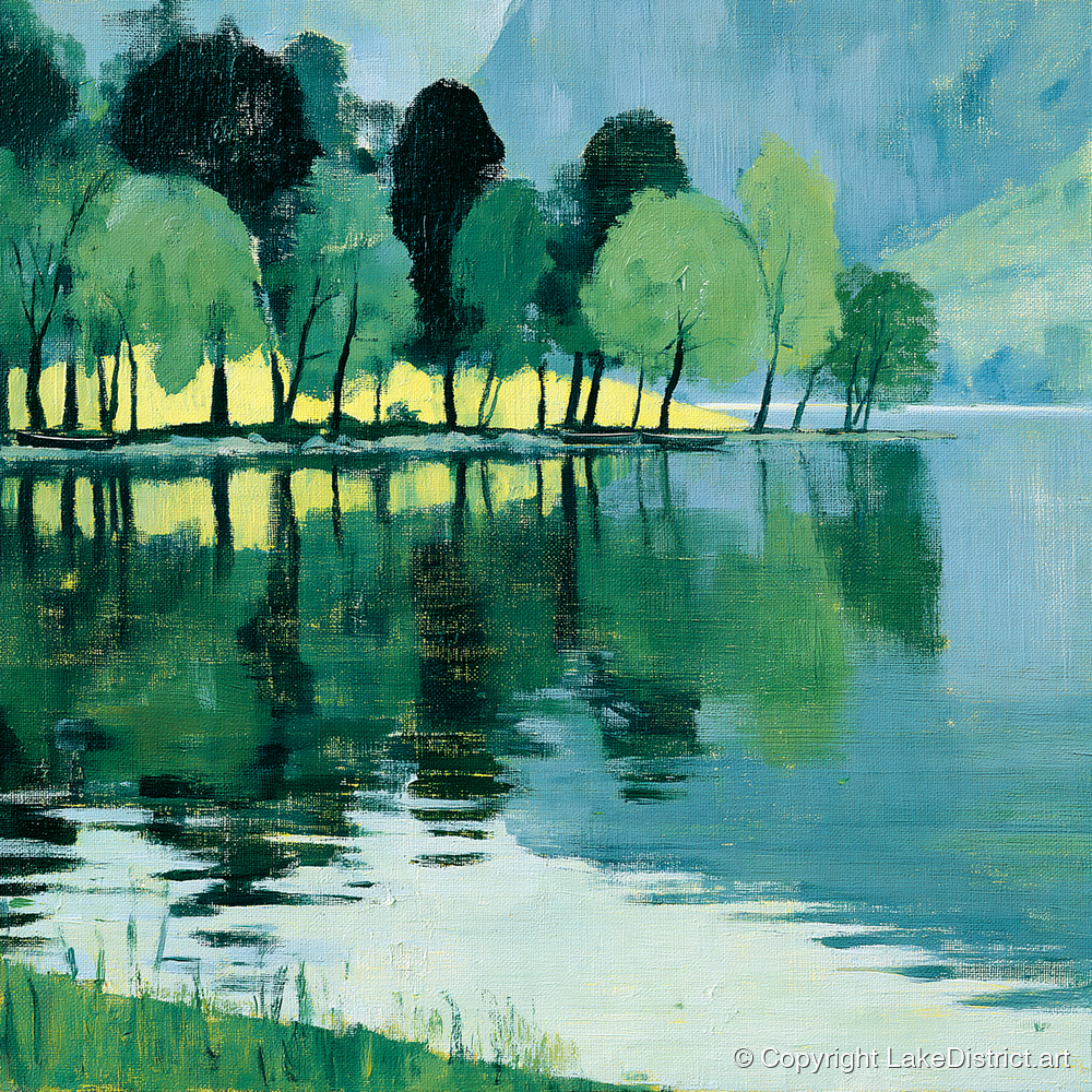 Still Lake Reflections at Dawn - lake district lake art print and canvas by Miles Langdon A.I