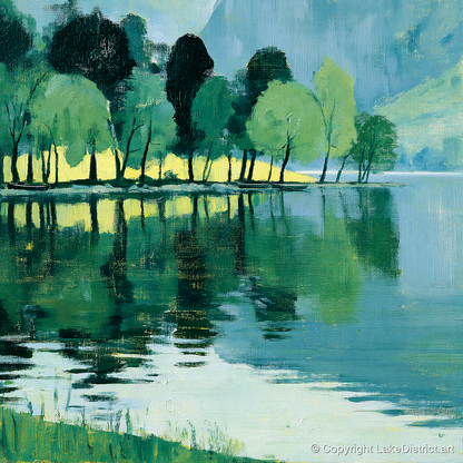 Still Lake Reflections at Dawn - lake district lake art print and canvas by Miles Langdon A.I