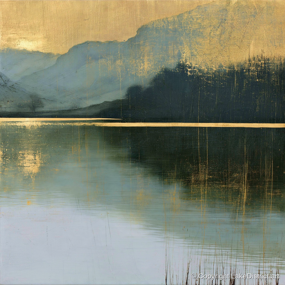 Still Lake Under Gilded Sky - lake district lake art print and canvas by Graham Whitaker A.I