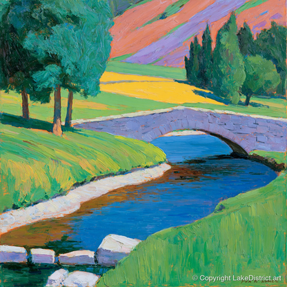 Stone Bridge and Purple Fells - lake district waterfall art print and canvas by Marshall Davies A.I