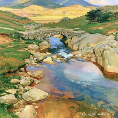 Stone Bridge Beneath Golden Fells - lake district waterfall art print and canvas by Henry Cavendish A.I