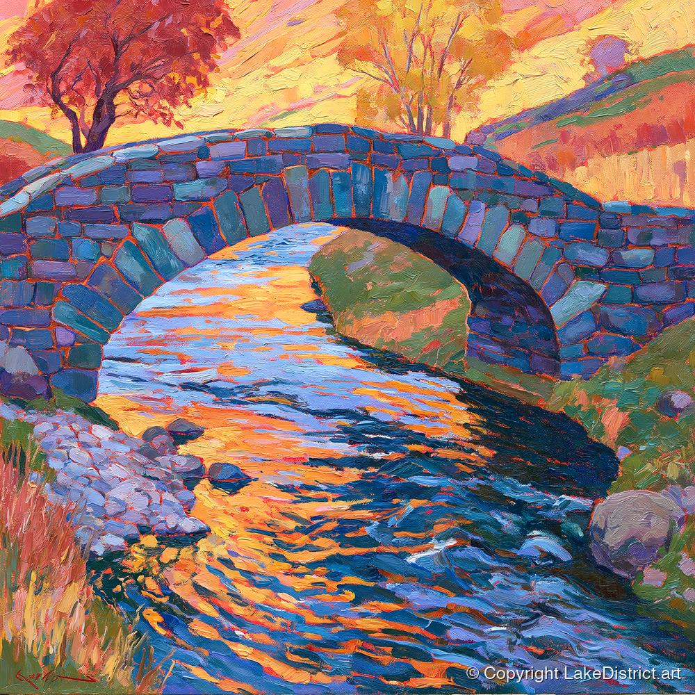 Stone Bridge over a Golden Beck - lake district waterfall art print and canvas by Celia Harding A.I