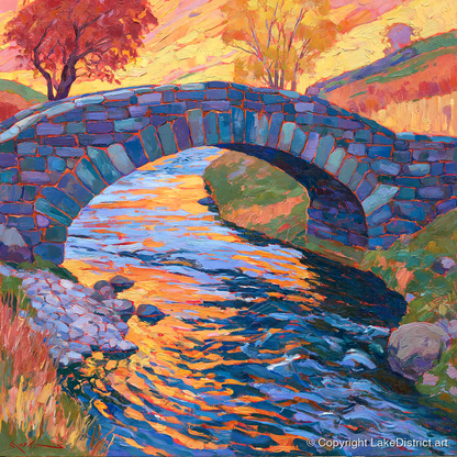 Stone Bridge over a Golden Beck - lake district waterfall art print and canvas by Celia Harding A.I