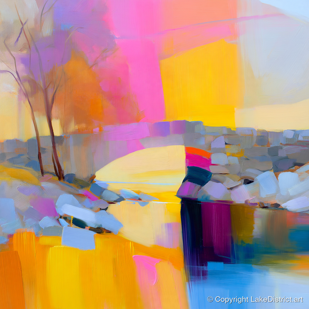 Stone Bridge Under Fuchsia Sky - lake district waterfall art print and canvas by Imogen Tate A.I
