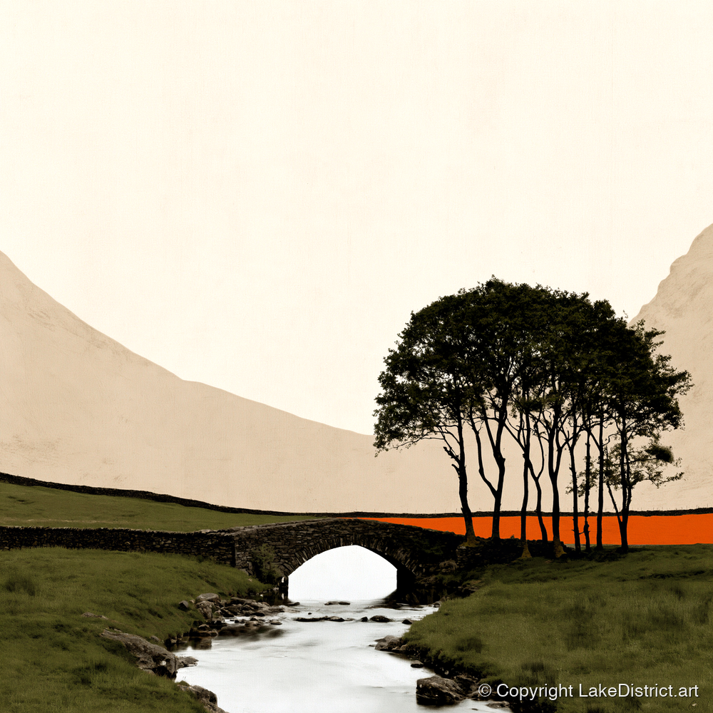 Stone Bridge With Silhouetted Trees - lake district waterfall art print and canvas by Barnaby West A.I