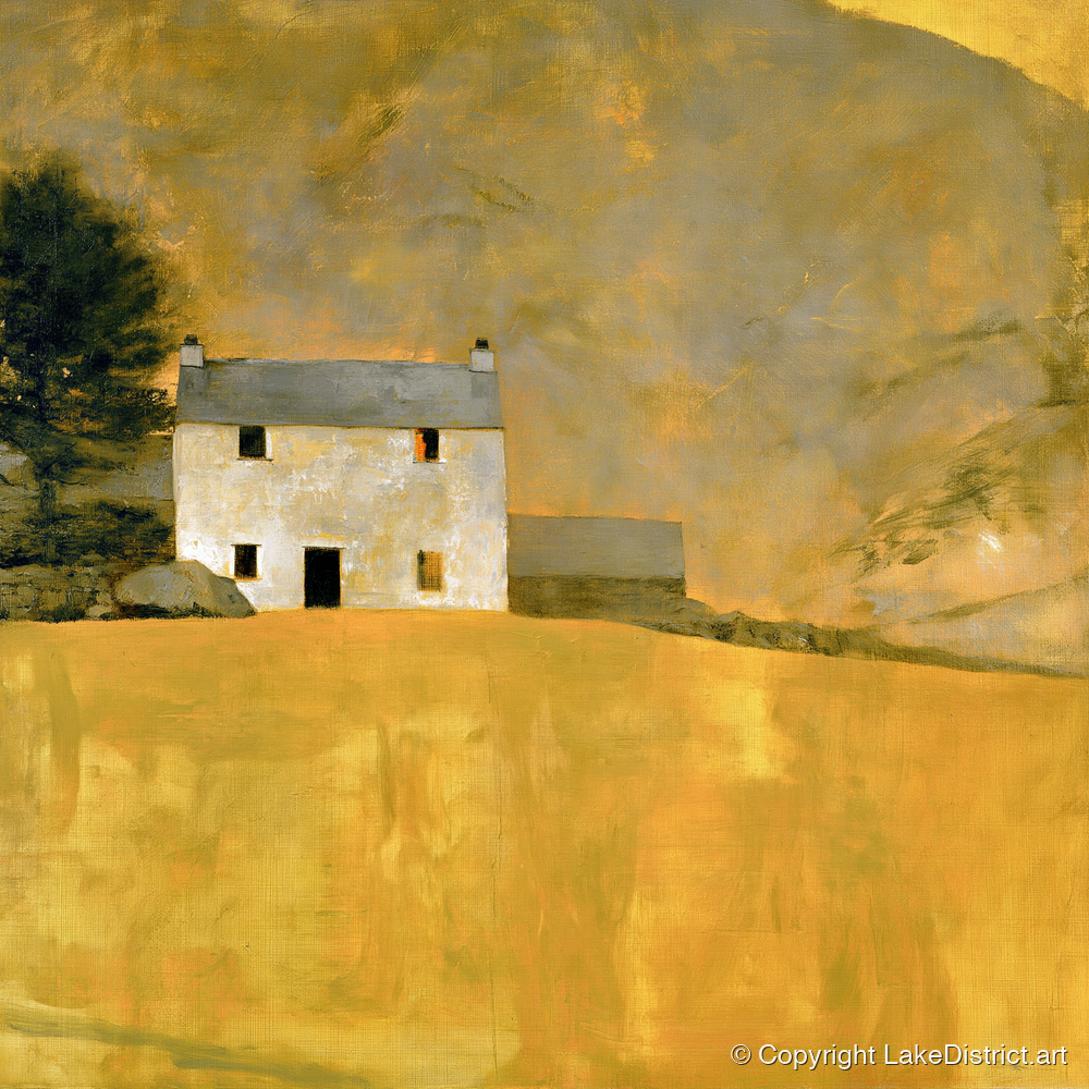 Stone Cottage in Golden Ochre - lake district village art print and canvas by Vincent Delaney A.I
