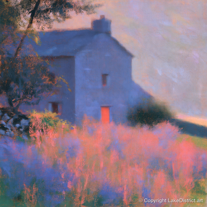 Stone Cottage in Pink Twilight - lake district village art print and canvas by Theodore Vance A.I