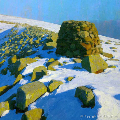 Stony Cove Pike Winter Cairn - lake district fell art print and canvas by Daphne Morley A.I