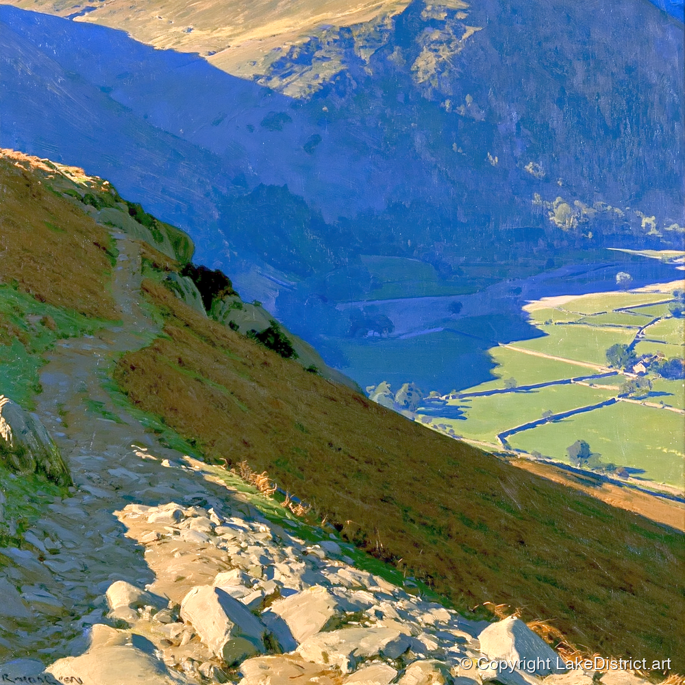 Stony Descent to Patterdale Valley - lake district village art print and canvas by Percival Kent A.I