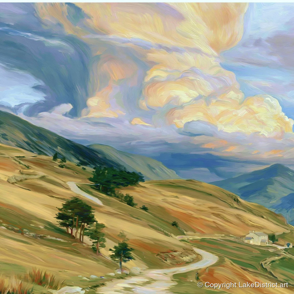 Storm Clouds Over Golden Fells - lake district sky art print and canvas by Henry Cavendish A.I