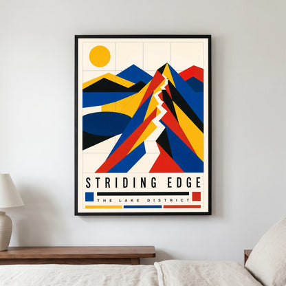 Striding Edge travel poster in a black frame, hanging in a bedroom3