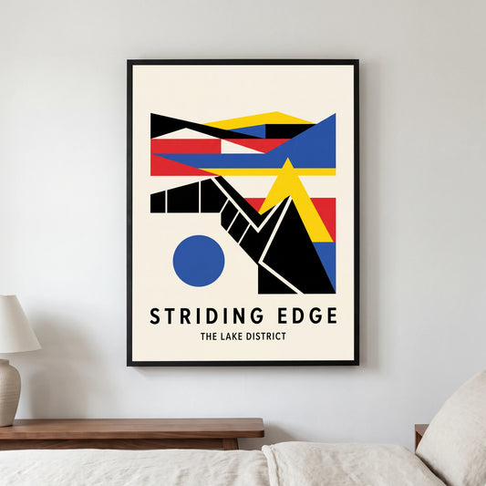 Striding Edge travel poster in a black frame, hanging in a bedroom3