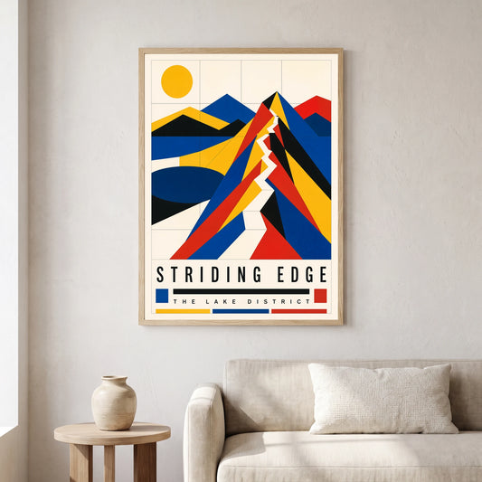 Striding Edge travel poster in a natural frame, hanging in a living