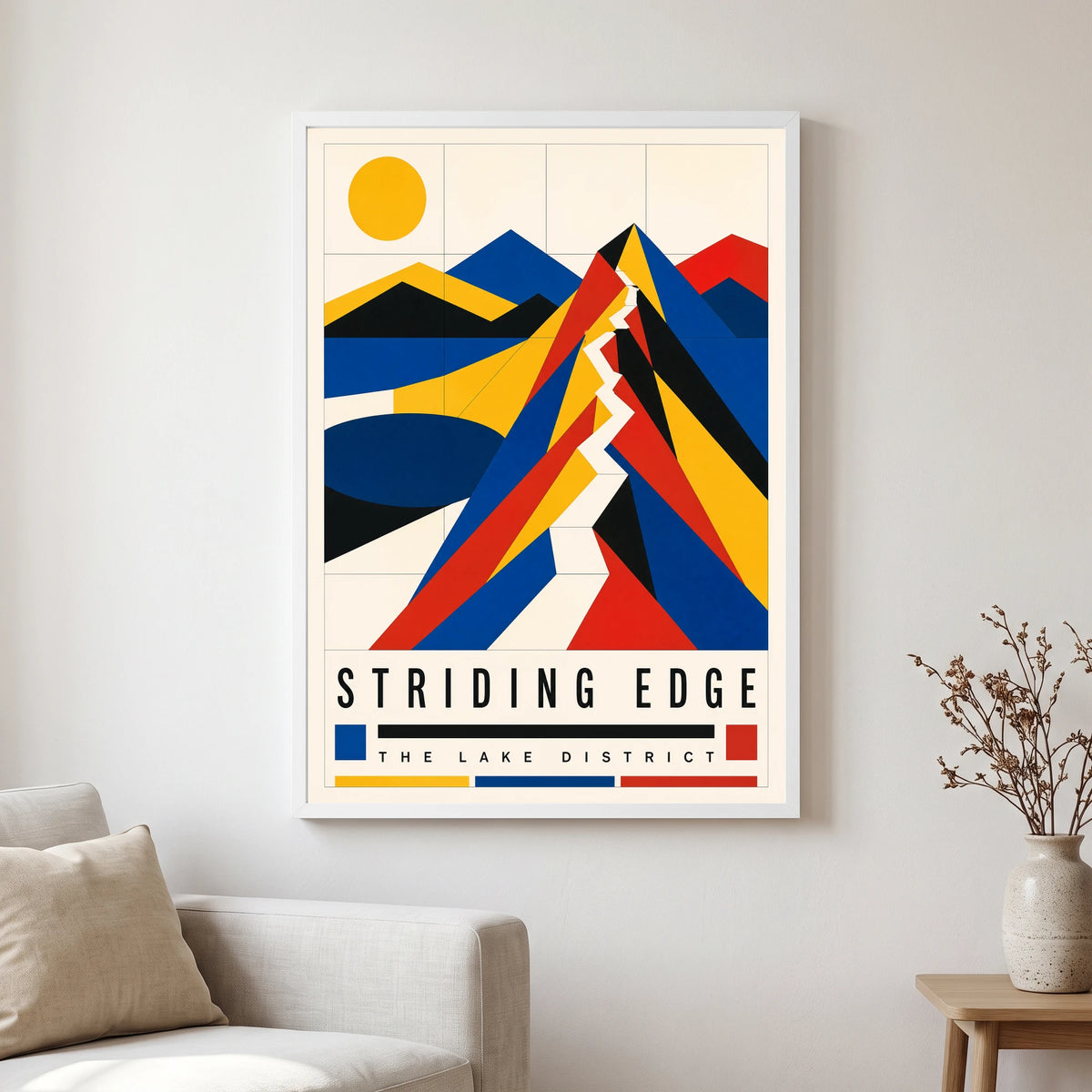 Striding Edge travel poster in a white frame, hanging in a living2